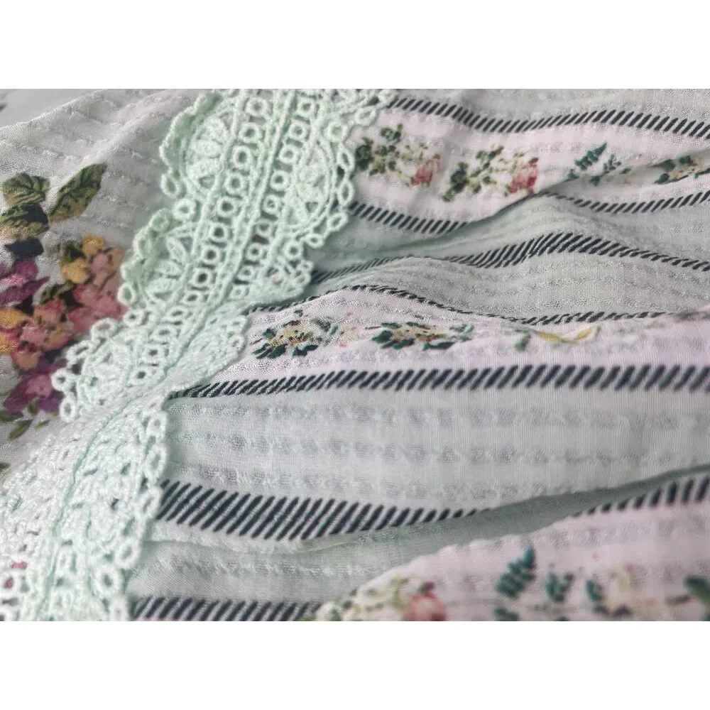 ~ Anthropologie XL Hemant & Nandita Blouse Floral Mint Lace Aqua Green Elastic - Picture 10 of 16